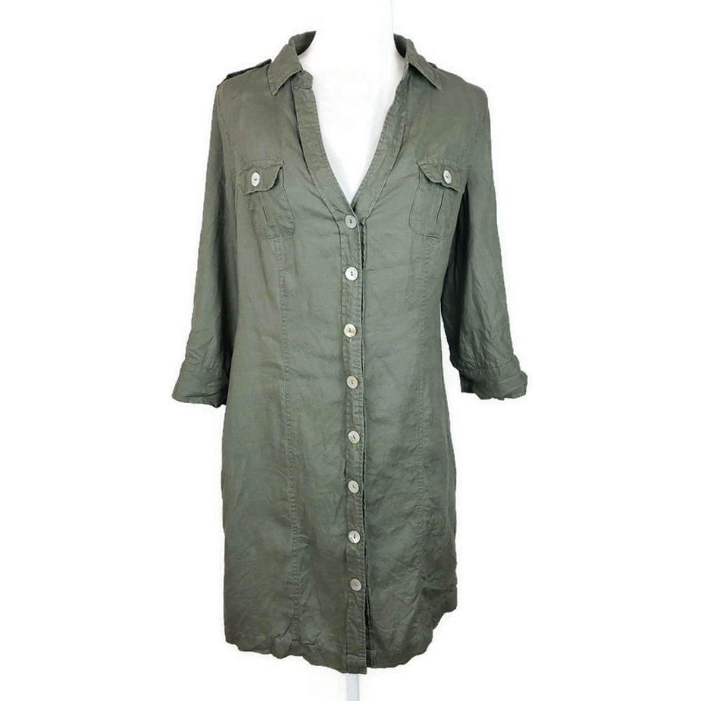 Malvin 100% Linen Olive Green Shirt Dress sz L